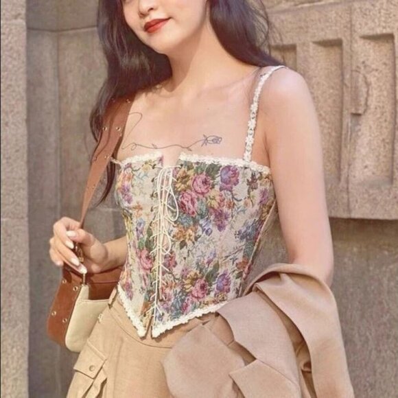 Tops - 🥑NWT Vntg Style Cowgirl Floral Jacquard Bustier Corset Top Lace up Cropped Top